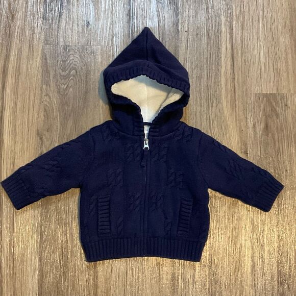 Hanna Andersson Sherpa Lined Sweater Jacket Coat Hooded Blue Size 3-6 months - Picture 1 of 7